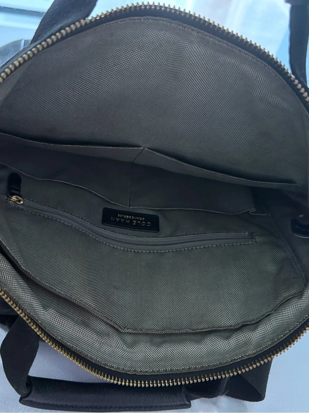 Cole Haan Black Pebbled Leather Tote-Style Backpack with Gold Logo